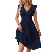 New Plus Size Summer Dress For Women: Elegant, With A Figure-Flattering V-Neck And Ruffled Sleeves. - Navy Blue - View 2