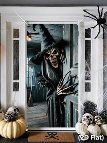 1pc Halloween Door Cover, Witch Pattern Bedroom Door Decor, Halloween Backdrop, Halloween Party Supplies, Halloween Hanging Banner, Scary Halloween Photography Props, Haunted House Decor, Trick Or Treat Decor, Halloween Gifts, Party Gifts, Photo Studio Props, Halloween Home Decor, Room Decor, Outdoor Garden Supplies, Yard Decor, Christmas Decor, 2027 New Year Party Decor, New Year Gifts, Winter Decor - Skeleton Witch - View 6