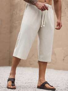 Men's Solid Color Minimalist Linen Capri Pants, Suitable For Beach, Vacation, Beach Party Style - Beige - View 5