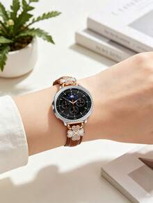 1件白色超細纖維三星 Galaxy Watch 8 40mm 44mm 男女通用嵌入人造鋯石時尚金屬扣替換錶帶，超薄舒適防汗，適合 4.3 至 6.5 英吋手腕周長，優雅時尚，適用商務/約會/婚禮/派對/日常佩戴，送給她的可愛禮物，智慧手錶替換錶帶配件 - 棕色+玫 - 查看 6