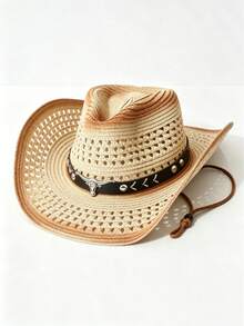 1pc Unisex Western Straw Cowboy Hat, Outdoor UV Protection Breathable Woven Summer Hat, Suitable For Travel And Beach Wear - Black Arrow-shaped Hollowed-out Straw Hat - View 4