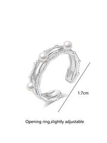 1pc French Double Layer Lace Pearl Ring, High-End Daily Commute Asymmetrical Hollow Design Twisted Open Ring - Silver - View 5