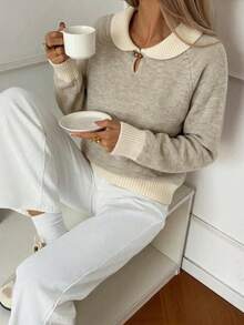Women's Color Block Striped Horn Button Turn Collar Sweater, French Vintage Slouchy Pullover Knit Top, Autumn/Winter - Apricot - View 3