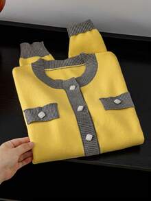 Autumn/Winter New Cardigan Round Neck Knit Top, Colorblock Multi-Color, Vibrant And Eye-Catching. Soft And Skin-Friendly Fabric, Loose Casual Fit, Youthful And Age-Reducing, Wear Alone For Energetic Look, Easily Create Fresh Vintage. - Ginger - View 2