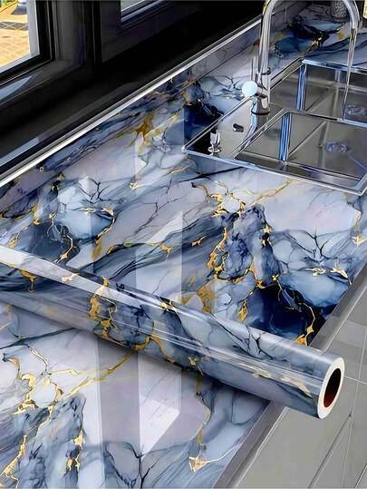 Self-Adhesive Waterproof Wallpaper, Glossy Gold & Blue Marble Film, Oil-Proof Kitchen Backsplash & Bathroom Decor, Easy To Cut & Paste Wall Sticker, Suitable For Cabinets, Countertops, Bedroom & Living Room