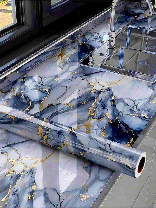 Self-Adhesive Waterproof Wallpaper, Glossy Gold & Blue Marble Film, Oil-Proof Kitchen Backsplash & Bathroom Decor, Easy To Cut & Paste Wall Sticker, Suitable For Cabinets, Countertops, Bedroom & Living Room