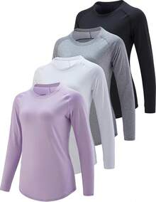 Paquete de 4 camisetas de manga larga para mujer con agujeros para el pulgar, camisetas de entrenamiento atléticas de ajuste seco con cuello redondo - a/Verde Menta/Melocotón Suave/Amarillo Mantequilla - Ver 10