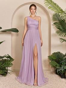 Vestido de dama de honor de malla con corte asimétrico de un solo hombro, busto fruncido, cintura hueca y abertura en la falda, para boda de primavera - Verde militar - Ver 1