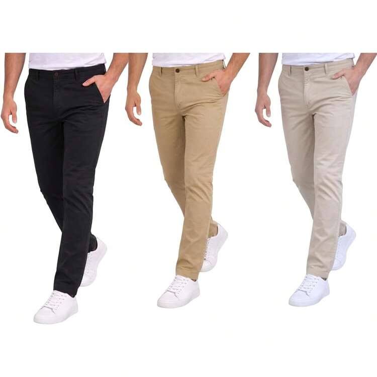 Holstone Pack 3 Pantalones Estilo Chino de Gabardina Premium Hombre - Uso Casual y Oficina Moda Caballero - Pantalón de Algodón. - Negro - Verde Olivo - Caqui - Añade 14