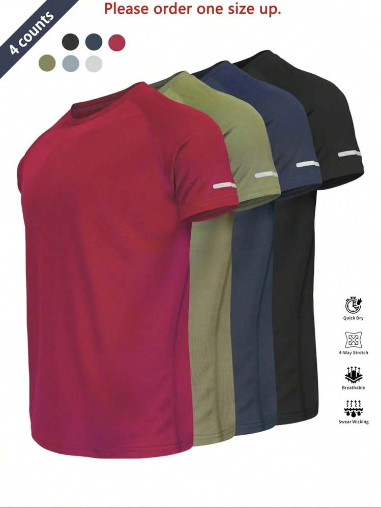 Camiseta deportiva reflectante, transpirable y de secado rápido, manga corta y cuello redondo, camiseta atlética ligera para hombre, ideal para actividades al aire libre, ropa de gimnasio y entrenamiento, top de gimnasio, ropa para exteriores - Rojo-Verde-Azul-Negro - Añade 2
