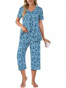 Anyally - Conjunto de pijama de verano para mujer, camisa de manga corta y pantalones capri de 2 piezas, pijama plisado con bolsillos - Mariposa azul plisada - Ver 28