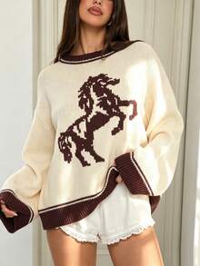 Women's Autumn/Winter Fashion Street Style Vintage Contrast Color Horse Pattern Knit Sweater - Mika - View 2