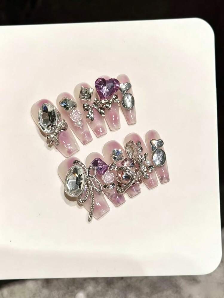 10片純手工壓製棺材甲美甲貼，精美假指甲，奢華紫色滿鑽愛心蝴蝶結浪漫魅力紫色星星蝴蝶仙女美甲，手工可穿戴美甲貼，適合日常聚會、派對與宴會 - 紫丁香色 - 查看 11