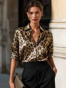 Blus Motif Leopard Elegan untuk Wanita, Pakaian Kasual Serbaguna untuk Perjalanan Sehari-hari, Liburan, Atasan Musim Semi dan Gugur - Coklat - View 6