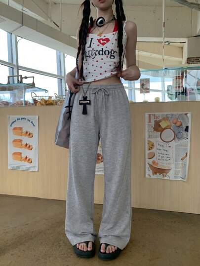 Y2K Dark Grey Floral Casual Loose Straight Leg Sweatpants