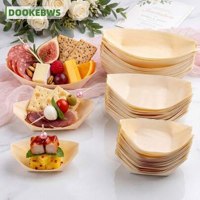 75/150 pezzi Set di stoviglie monouso, 25/50 pezzi Piatti monouso in legno per antipasti, 50/100 pezzi Spiedini rosa perla, Adatto per feste, matrimoni, cene, banchetti all'aperto, spuntini di frutta, esposizione di vassoi, decorazione raffinata