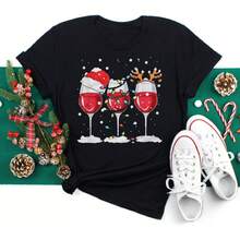 Feliz Navidad Árbol de Navidad Papá Noel Camiseta de Manga Corta de Moda para Mujer Talla Grande con Estampado de Dibujos Animados - Negro - Ver 3