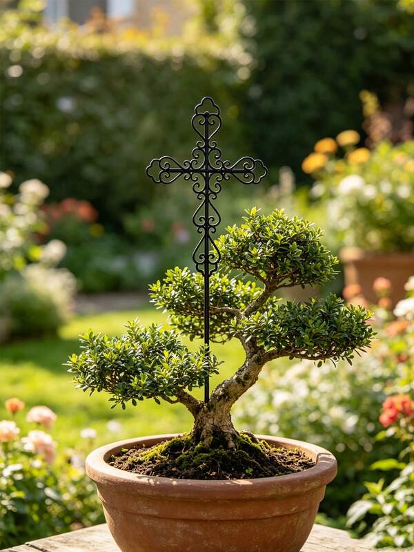 Rose Cross Metal Garden Stake, Black Hollow Rose Iron Plant Marker, Elegant Inspirational Yard Decor, Gentle Memory Remembrance Ornament For Patio Flower Pot, Thoughtful Sympathy Condolence Gift