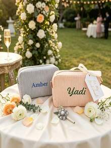 1pc Personalized Embroidered Travel Toiletry Bag/Bridesmaid Gift/Gift For Her/Gift For Mom/Striped Bubble Gauze Makeup Bag/Candy Color Storage Bag/Jewelry Storage Bag - Multicolor - View 8