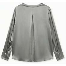 Blusa de manga larga brillante con cuello en V profundo para mujer - Rojo vino - Ver 5