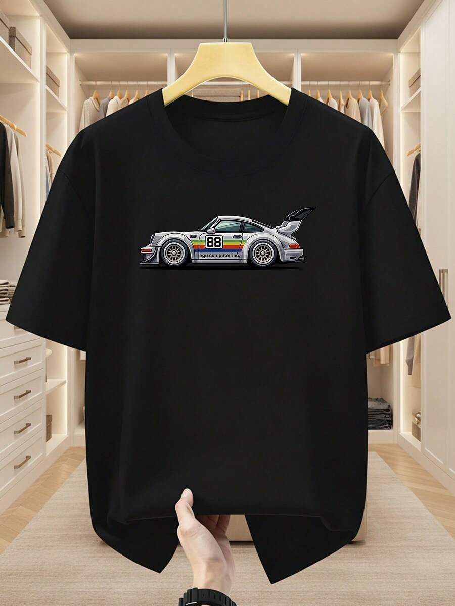 Camiseta de Talla Grande para Hombre, 100% Algodón, Manga Corta con Estampado Deportivo de Dibujos Animados, Diseño Clásico N.º 88, Estilo Versátil y Moderno, Ropa Casual de Verano. - Negro - Ver 1
