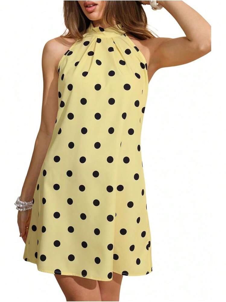- Vestido corto sin mangas con estampado floral para mujer, cuello halter, línea A - Rosa claro (Floral rosa claro) - Añade 1