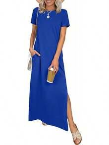 ANRABESS - Vestido largo casual de verano para mujer, manga corta, cuello redondo, dividido, sin arrugas, para viajes, playa, día festivo - Rosa - Ver 9