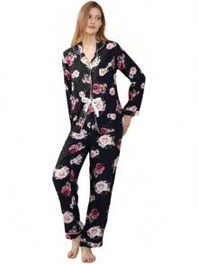 Conjunto de Pijama para Mujer con Cuello Recortado, Estampado Floral, Camisa con Botones y Pantalones Largos, Algodón, 2 Piezas, Ropa de Dormir - Amarillo - Ver 11
