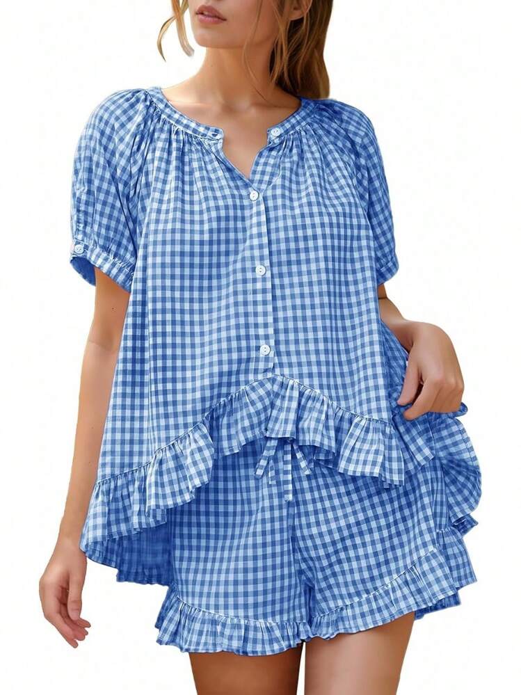 Flygo - Conjunto de pijama de cuadros para mujer, 2 piezas, de algodón, manga abombada, con volantes, conjunto de pijama de verano - Marrón - Añade 8