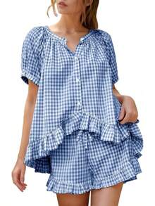 Flygo - Conjunto de pijama de cuadros para mujer, 2 piezas, de algodón, manga abombada, con volantes, conjunto de pijama de verano - Negro - - Ver 14