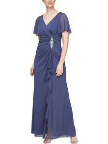 Alex Evenings - Vestido Largo para Madre de la Novia con Mangas voladas para Mujer con Cintura Imperio Fruncido (Tallas pequeñitas y Normales) - Salvia de hielo - Ver 24