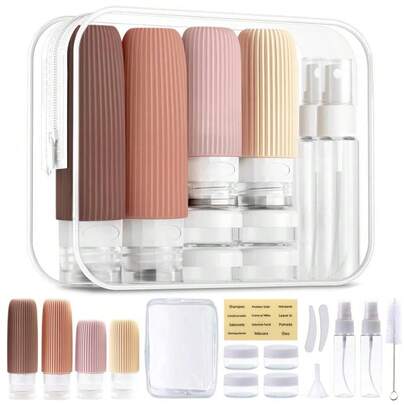 KIT FRASCOS PARA VIAGEM 16 PEÇAS COM NECESSAIRE FRASCOS DE SILICONE E ACESSÓRIOS