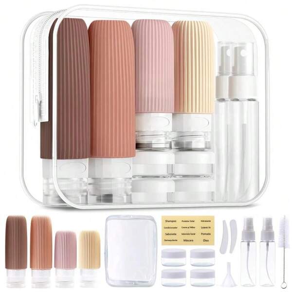 KIT FRASCOS PARA VIAGEM 16 PEÇAS COM NECESSAIRE FRASCOS DE SILICONE E ACESSÓRIOS