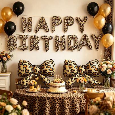 17pcs 53.34cm & 40.64cm Leopard Print Birthday Banner + Bow Foil Balloon Set (Includes Straws & Ribbons), Suitable For Leopard Theme Birthday, Anniversary, Celebration Party Decoration,