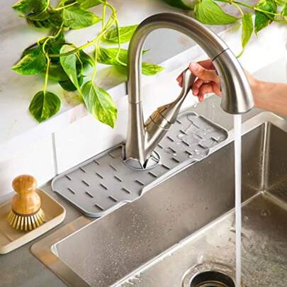 Silicone Faucet Handle Drip Catcher Tray Mat, Silicone Faucet Mat Dish Soap Sponge Holder For Kitchen Sink Accessories Gadgets, Drying Mat For Kitchen Counter Bathroom Kitchen Sink [Grey]