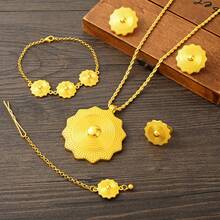 5pcs/Set Women's Jewelry Set Golden Color Geometric Pendant Necklace Earrings Ring Bracelet Head Chain African Saudi Arabian Bride Traditional Jewelry Gift - A - View 5