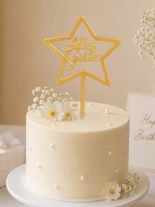 3pcs Gold Mirror Acrylic Alles Gute Cake Topper With Hollow Five-Pointed Star Frame, Elegant German Cursive Script Letter With Stick For Cake Top Decoration, German Birthday & Holiday Party, European Celebration Cake Decor Supplies - B - View 2