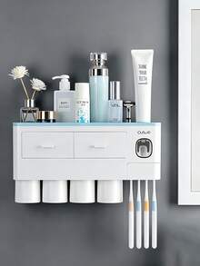 Bathroom Toothbrush Holder 2/3/4 Cup Wall-Mounted With Toothpaste Squeezer, Large Capacity Bathroom Storage Organizer, Easy Installation And Use, Fashionable Bathroom Accessory Set, Bathroom Decor - Grey - View 11