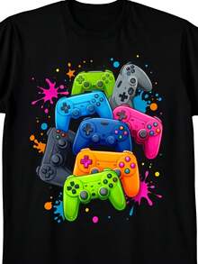 Camiseta de gaming para hombre con diseño retro de mando, adecuada para uso casual en fiestas, un regalo para gamers, camiseta de manga corta con cuello redondo lavable a máquina, una prenda - Negro - Ver 1