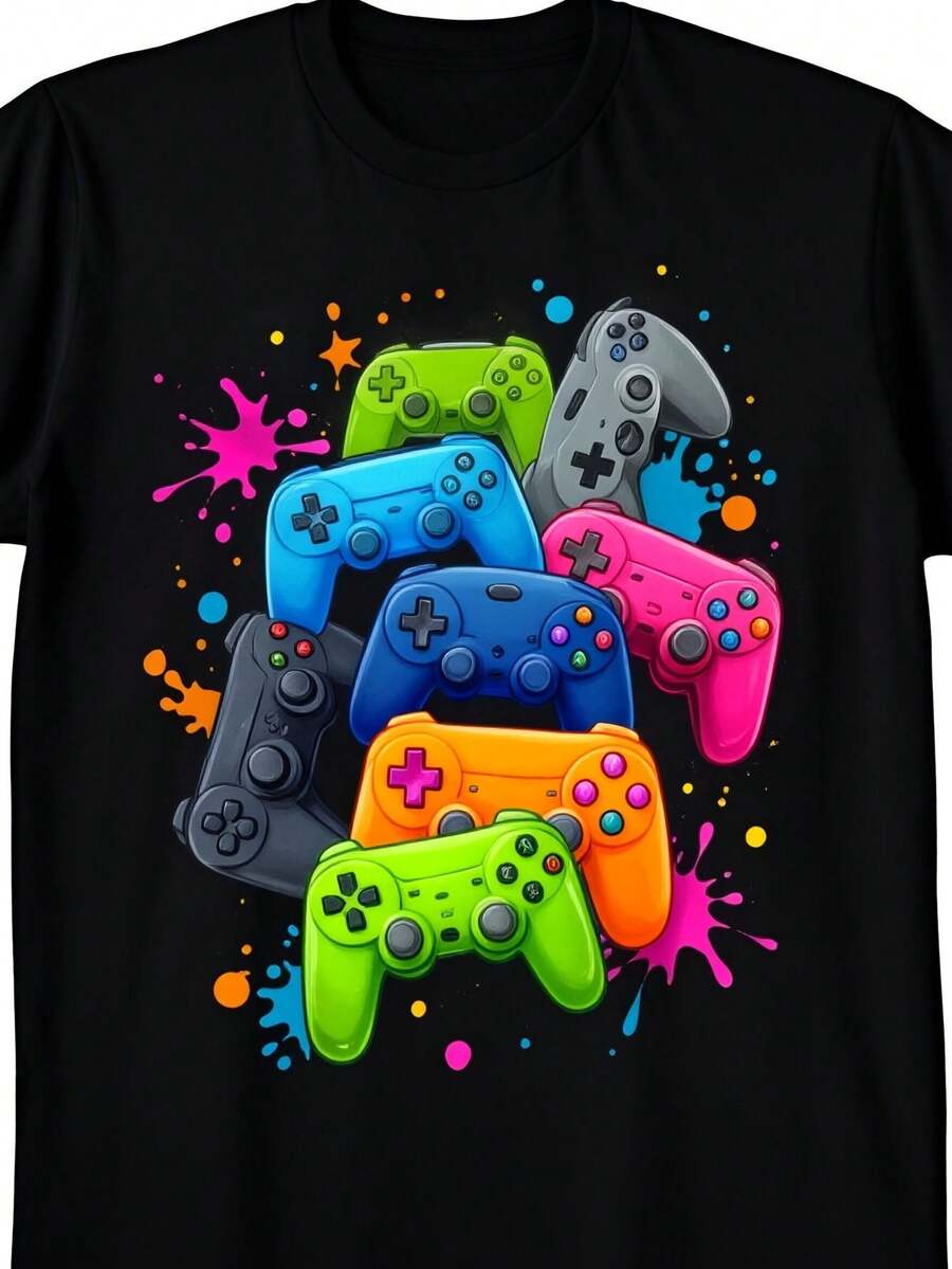 Camiseta de gaming para hombre con diseño retro de mando, adecuada para uso casual en fiestas, un regalo para gamers, camiseta de manga corta con cuello redondo lavable a máquina, una prenda - Negro - Ver 1