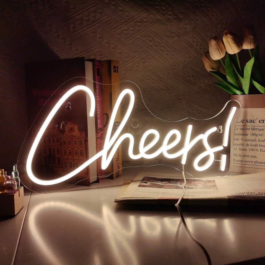 1件 Cheers 啤酒杯霓虹燈牌,USB供電LED霓虹燈,壓克力牆飾,藍色文字與橘色啤酒杯設計,可調光燈,適用酒吧、男人洞穴、酒館與啤酒派對裝飾 - 多色光 - 查看 1