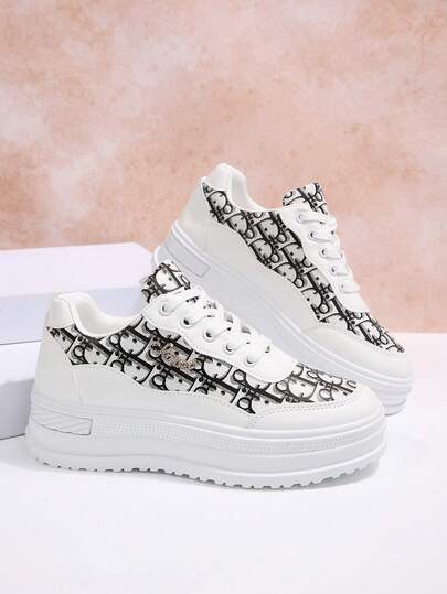 1 Pair New Women's Pink Thick Sole Round Toe Cute Comfortable Casual Sneakers, Upper Decorated With Embroidered Faux Pearl Chain, Sizes 36-41 Available (Runs Small)