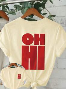 大尺碼女款日常復古紅色 OH HI 字母印花圓領短袖休閒 T-shirt 上衣 夏季 - 杏色 - 查看 5