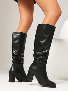 Women's Fashion Thick Heel Over-The-Knee Boots, Round Toe Versatile Side Zipper Sexy Punk Boots, Suitable For Autumn & Winter - Black - View 4