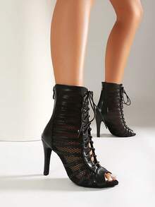 Women's Lace-Up High Heel Ankle Boots, Latin Dance Shoes, Pointed Toe, Suitable For Sports, Party, Autumn/Spring - Black - View 2
