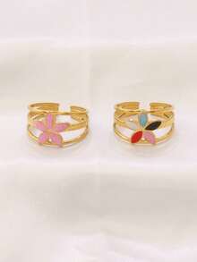 1pc Stainless Steel Flower Ring, Women's Fashion Minimalist 18K Gold Plated Open Ring Jewelry - Ring - View 3