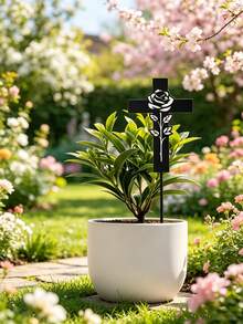 Rose Cross Metal Garden Stake, Black Hollow Rose Iron Plant Marker, Elegant Inspirational Yard Decor, Gentle Memory Remembrance Ornament For Patio Flower Pot, Thoughtful Sympathy Condolence Gift - Rose Cross Flower Vase - View 8