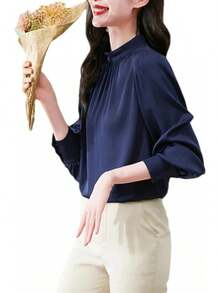 Blusa formal de manga larga para mujer, con cuello falso, plisada, manga abullonada, para negocios - Azul - Ver 1