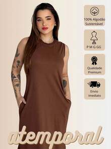 Basic Long Dress Casual Elegant Side Opening Pocket 100% Premium Cotton - 深棕色 - 查看 7