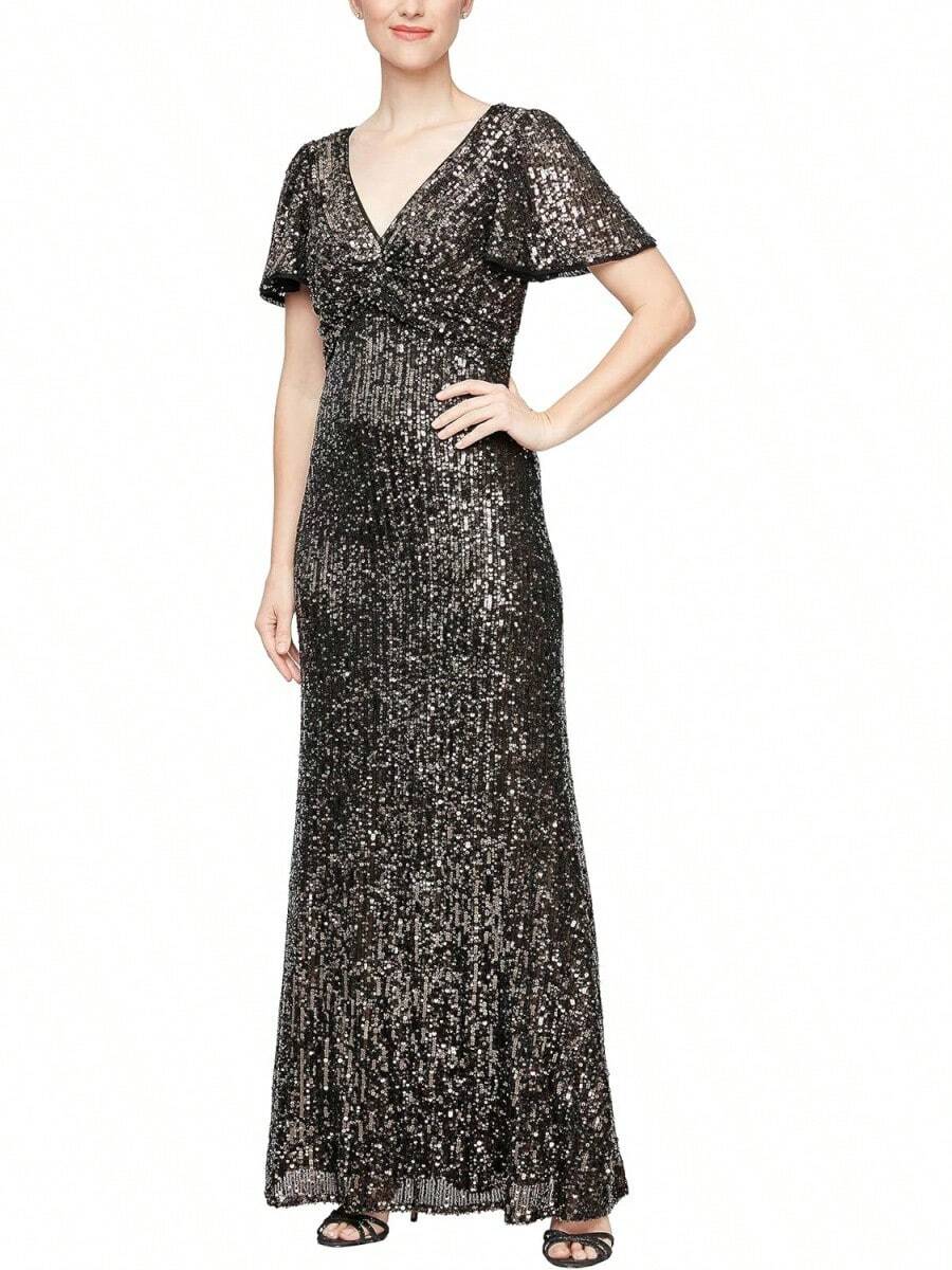 Alex Evenings - Vestido Largo para Madre de la Novia con Mangas voladas para Mujer con Cintura Imperio Fruncido (Tallas pequeñitas y Normales) - Malla azul eléctrica - Ver 1